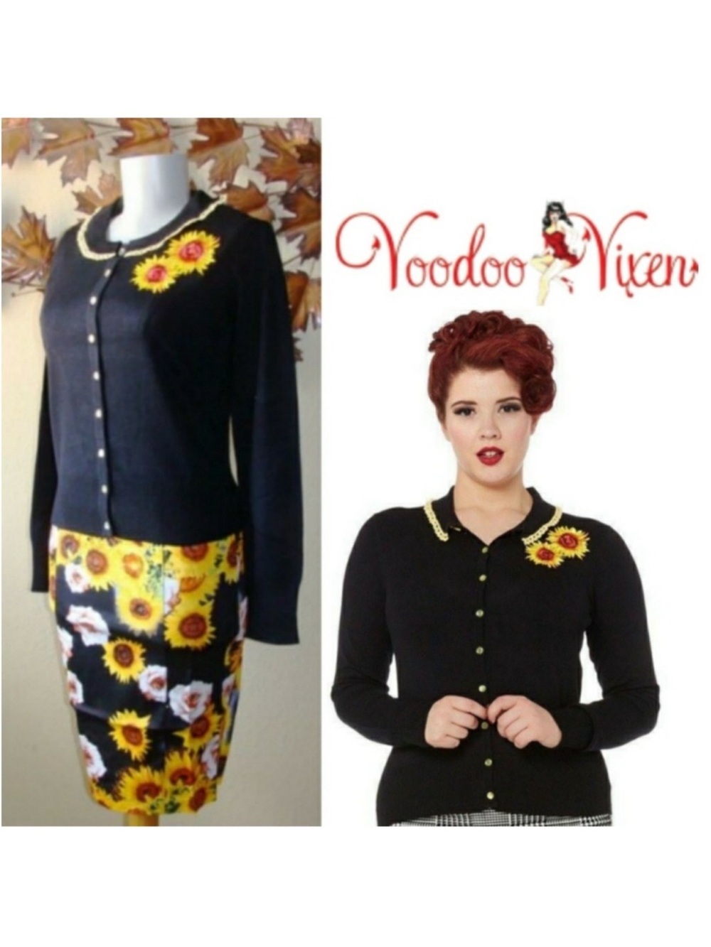 Voodoo Vixen Black Sunflower-Embroidered Cardigan, EUC 🌻